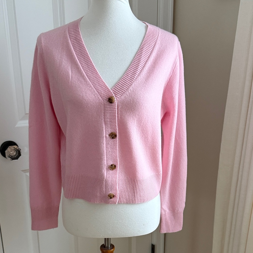 NWOT: J. Crew Cashmere Cropped V-Neck Cardigan Sweater - Pink - Size Large